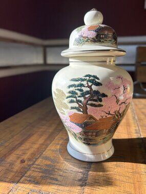 Vintage Japanese Ginger  Urn  Jar  w lid pink green trees w gold accents  11.5 i